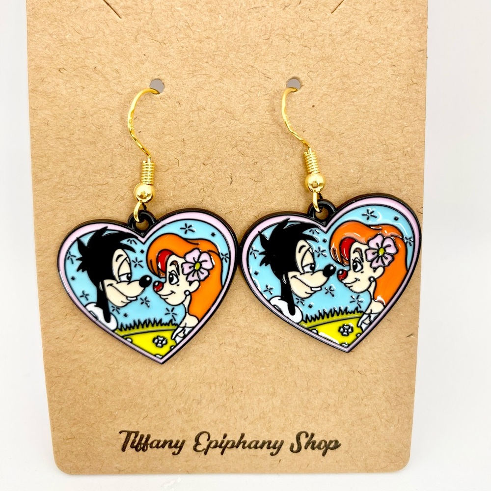 Disney inspired A Goofy Movie Max and Roxanne heart earrings NWT